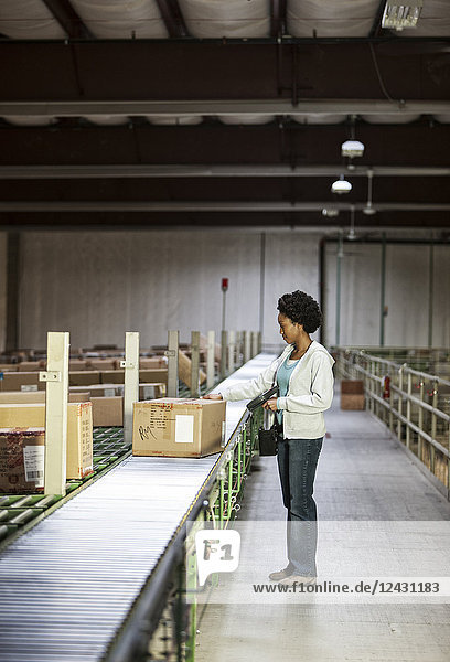 Afroamerikanische Lagerarbeiterin in einem großen Vertriebslager  die in Kartons gelagerte Produkte zeigt und sich auf einem motorisierten Fördersystem bewegt.