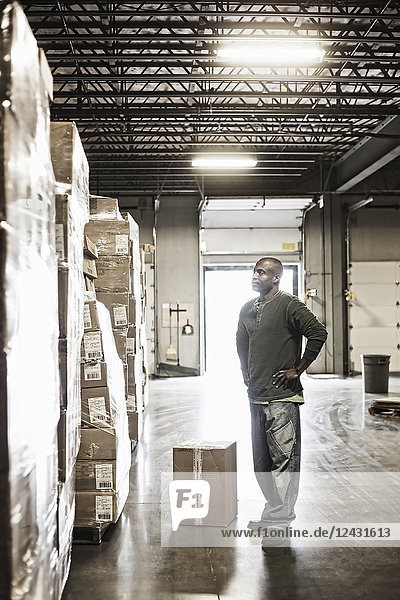 African American male warehouse worker checking inventory on stacks of cardboard boxes holding products in a large distribution warehouse with loading dock door in the background.