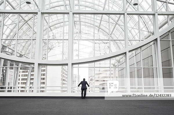 Ein Mann steht in einem offenen Raum in einem gläsernen Atrium in einem Bürogebäude  an ein Geländer gelehnt  Rückansicht.