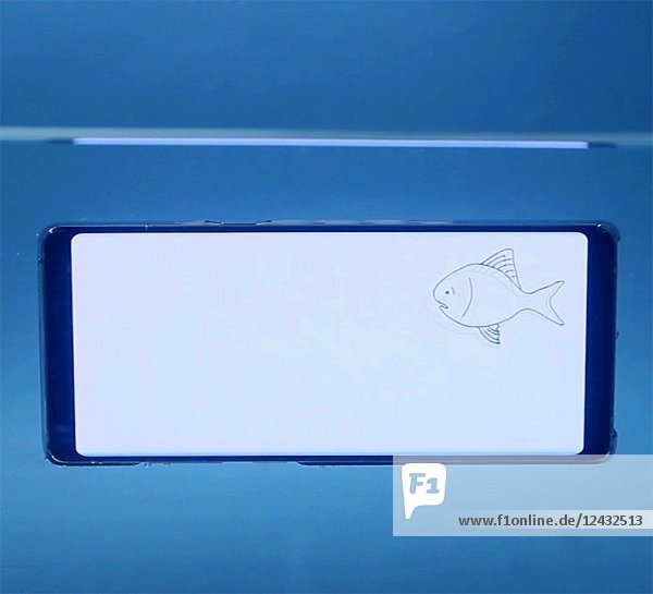 Illustrierter Fisch  der einer Harpune im Smartphone-Fischbecken ausweicht