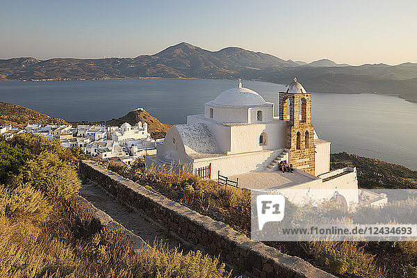 View of Plaka with Greek Orthodox church and Milos Bay from Plaka Castle  Milos  Cyclades  Aegean Sea  Greek Islands  Greece  Europe