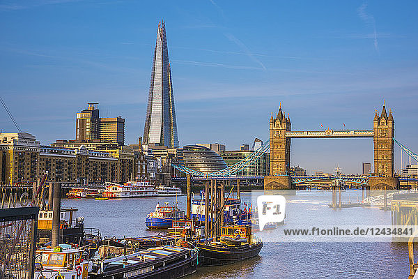 Tower Bridge over River Thames and The Shard  London  England  United Kingdom  Europe