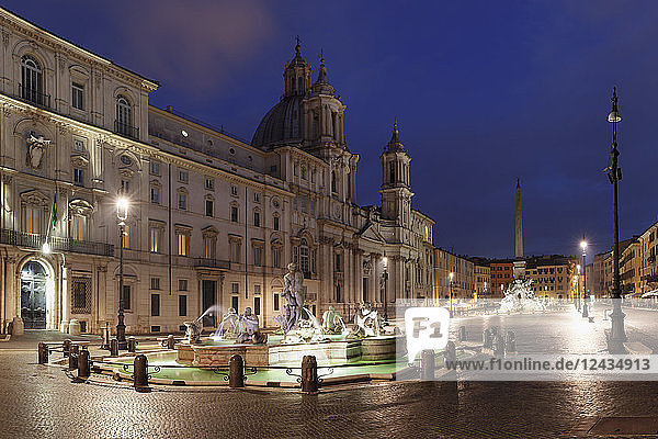Fontana del Moro Fountain  Fontana dei Quattro Fiumi Fountain  Sant'Agnese in Agone Church  Piazza Navona  Rome  Lazio  Italy  Europe