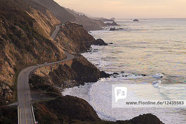 The Pacific Coast State Route Highway One in Pfeiffer Big Sur State Park between Los Angeles and San Francisco in California  United States of America  North America