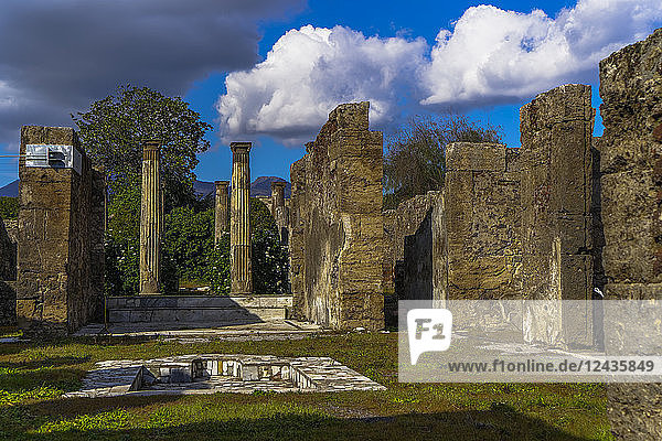 Überreste der Casa di Pansa (Haus der Pansa)  Becken im Peristyl mit ionischen Kapitellen am Atrium  Pompeji  UNESCO-Weltkulturerbe  Kampanien  Italien  Europa