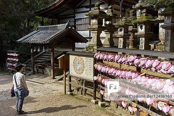 Steinlaternen und herzförmige Votivbilder  die neuen Ehen Glück wünschen  am Kasuga Wakamiya-Schrein in Nara  Honshu  Japan  Asien
