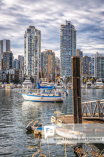Blick auf die Skyline von Vancouver und den False Creek im Herbst  Vancouver  British Columbia  Kanada  Nordamerika