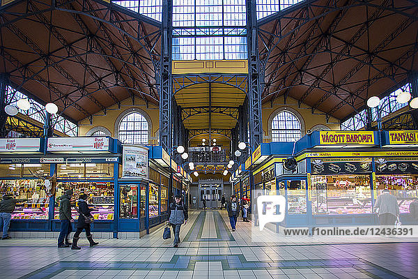 View of stalls in the interior of Budapest Central Market  Budapest  Hungary  Europe