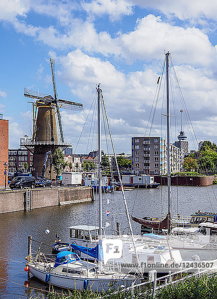 Middenkous Port and Windmill in Delfshaven  Rotterdam  South Holland  The Netherlands  Europe