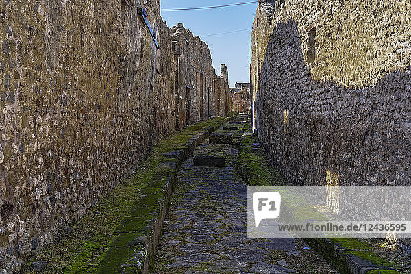Steinstraße mit erhöhten Blöcken  Stadtstraße mit Trittsteinen  die es Fahrzeugen und Fußgängern ermöglichen  die Straße zu überqueren  Pompeji  UNESCO-Weltkulturerbe  Kampanien  Italien  Europa