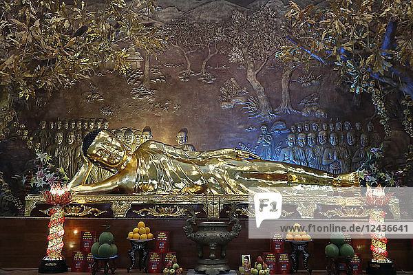 Golden reclining Buddha statue  Minh Dang Quang Buddhist temple  Ho Chi Minh City  Vietnam  Indochina  Southeast Asia  Asia