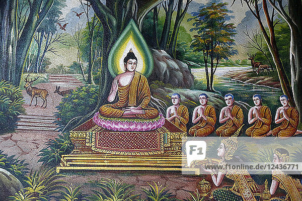 Fresco depicting the Buddha with followers in Wat Chiang Mun  Chiang Mai  Thailand  Southeast Asia  Asia
