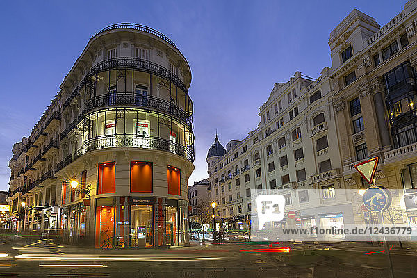 View of architecture on and around Calle Mayor and Calle Postas at dusk  Madrid  Spain  Europe