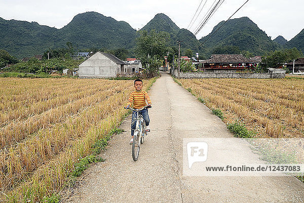 Boy riding bicycle in rural area  Bac Son  Vietnam  Indochina  Southeast Asia  Asia