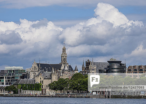 View over River Scheldt towards Het Steen Castle and Sint-Pauluskerk  Antwerp  Belgium  Europe
