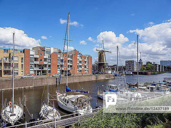 Middenkous Port and Windmill in Delfshaven  Rotterdam  South Holland  The Netherlands  Europe