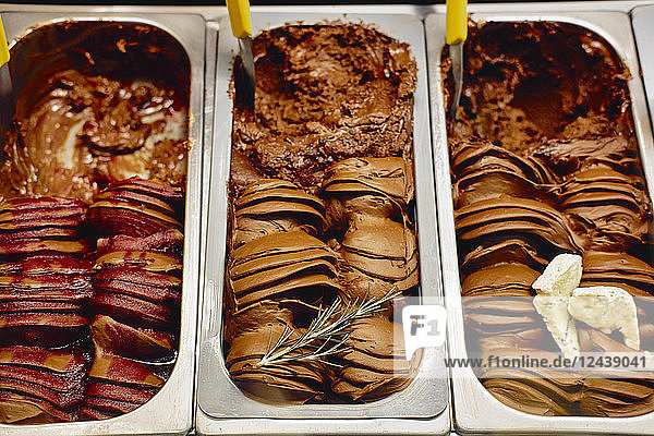 Three different sorts of chocolate ice cream