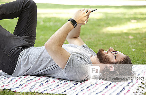 Man lying on blanket in a park using cell phone