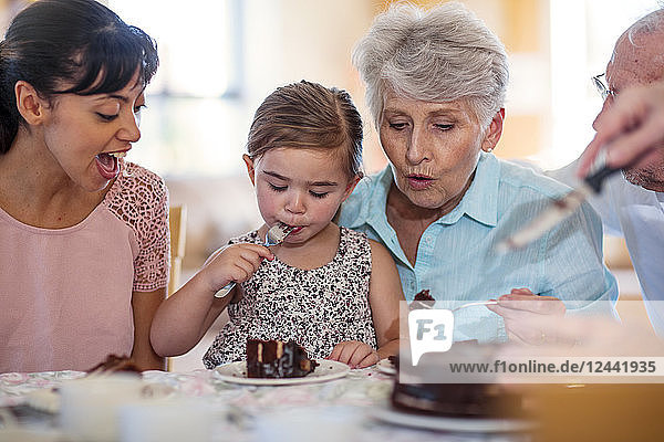 Grandparents celebrating a birthday with their granddaughter  eating chocolate cake