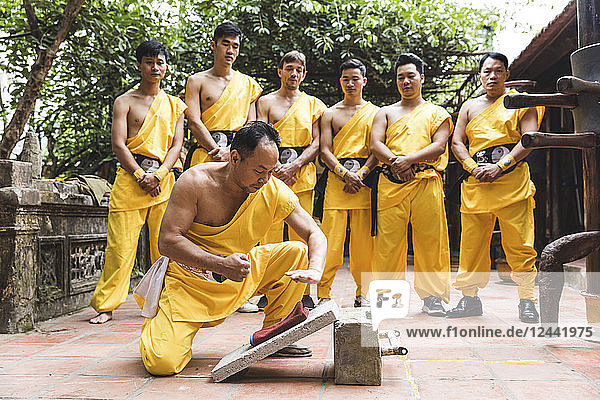 Vietnam  Hanoi  men exercising kung fu  man on flagstone