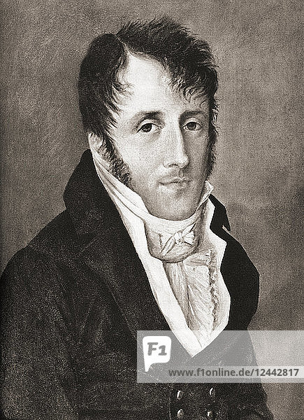 François-René (Auguste)  Vicomte de Chateaubriand  1768 - 1848. Französischer Schriftsteller  Politiker  Diplomat und Historiker  gilt als Begründer der Romantik in der französischen Literatur. Nach einem zeitgenössischen Druck.