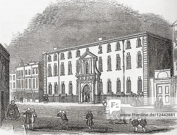 The Old South Sea House  on the corner of Bishopsgate Street and Threadneedle Street  City of London  England. Seen here in 1754 the building was the headquarters of the South Sea Company and was burned down in 1826. From Old England: A Pictorial Museum  published 1847.