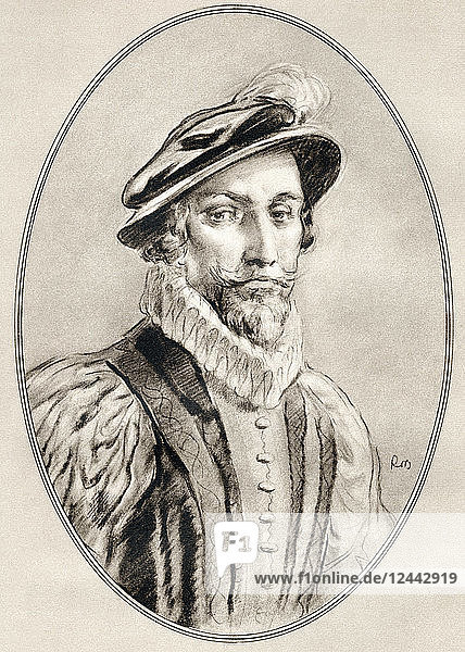 Sir Walter Raleigh  c.1554 – 1618. English landed gentleman  writer  poet  soldier  politician  courtier  spy and explorer. Illustration by Gordon Ross  American artist and illustrator (1873-1946)  from Living Biographies of Famous Men.