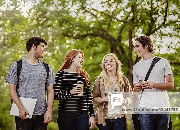 Vier Freunde,  die auf dem Universitätscampus spazieren gehen und miteinander reden,  Edmonton,  Alberta,  Kanada