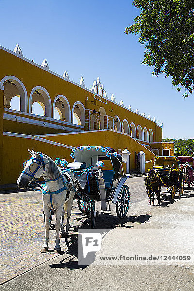 Dekorierte Pferde und Kutschen für Touristen auf der Straße  Izamal  Yucatan  Mexiko