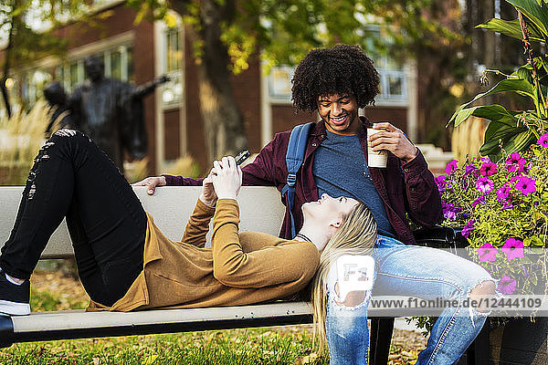 Junges Studentenpaar  das sich auf einer Bank auf dem Campus ausruht  während die Frau ihr Smartphone überprüft und ihren Kopf auf den Schoß ihres Freundes legt  Edmonton  Alberta  Kanada