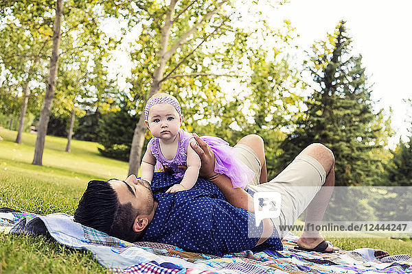 Ein Vater spielt mit seiner kleinen Tochter  während er auf einer Decke in einem Stadtpark im Spätsommer liegt; Edmonton  Alberta  Kanada
