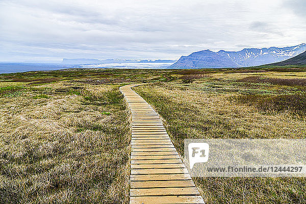 Ein Holzsteg führt Wanderer über die Wanderroute auf dem Plateau des Vatnajokull-Nationalparks  Island