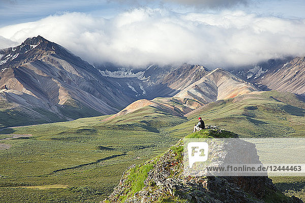 Älterer Mann sitzt auf einem Felsvorsprung am Polychrome Pass mit Alaska Range im Hintergrund  Denali National Park & Preserve  Interior Alaska  Sommer