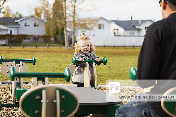 Ein süßes kleines Mädchen spielt mit ihrem Vater auf einem Spielplatz im Herbst auf einer Wippe  Spruce Grove  Alberta  Kanada