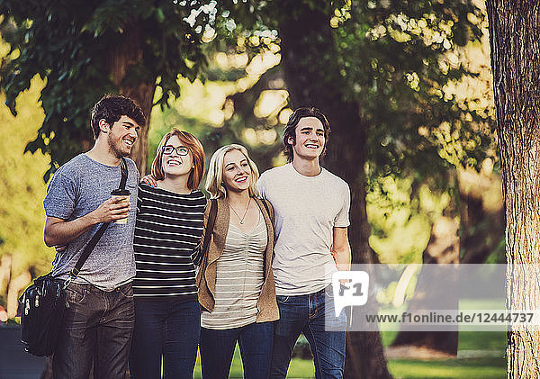 Eine Gruppe von vier Freunden geht eng beieinander Arm in Arm einen Weg entlang  während sie sich unterhalten und lachen  auf einem Universitätscampus  Edmonton  Alberta  Kanada