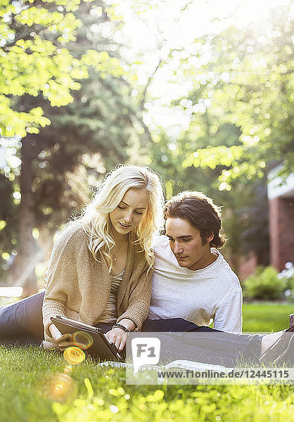 Ein junges Paar,  das im Freien auf dem Rasen des Universitätsgeländes studiert und mit einem Tablet in einem Lehrbuch blättert,  Edmonton,  Alberta,  Kanada