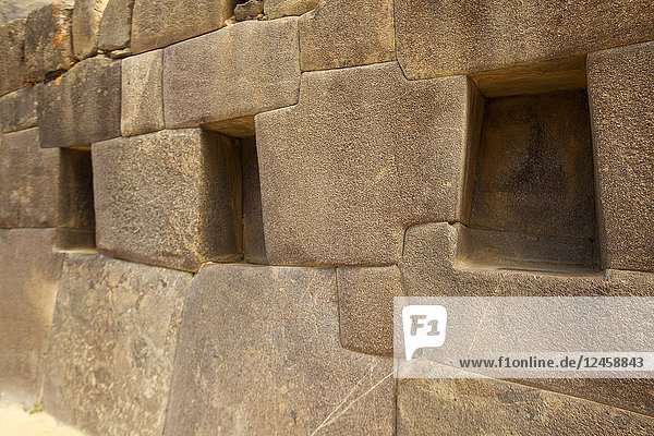 Ancient Inca walls at Ollantaytambo Archaeological Site  Cusco Region  Urubamba Valley  Peru  South America