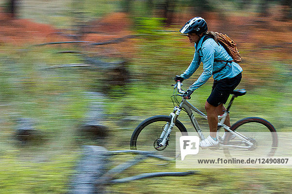 A woman mountain biker is blurred by motion while riding through autumn colors in the Rattlesnake recreation area near Missoula  Montana.