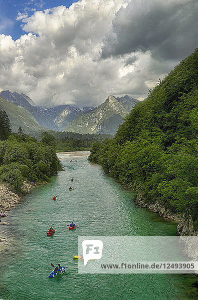 A Group Of Kayaker On Soca River In Bovec  Slovenia