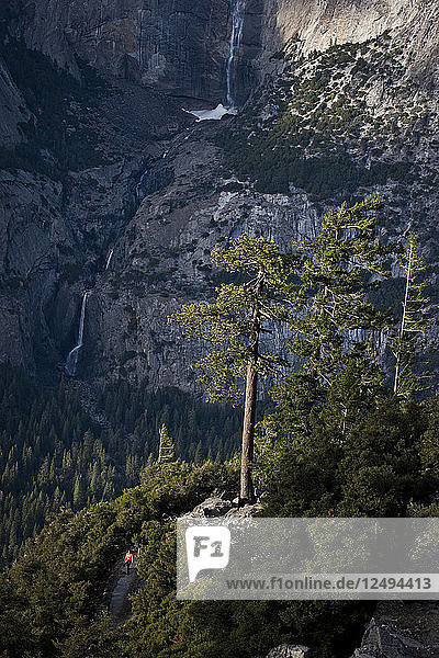 Eine Rucksacktouristin geht einen Pfad hinunter mit den Upper Yosemite Falls im Hintergrund im Yosemite National Park.