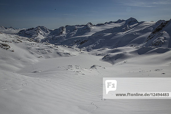 A skier and his perfect tracks on a sunny day in the wide open terrain of the Spearhead Traverse out of Whistler  British Columbia  Canada.