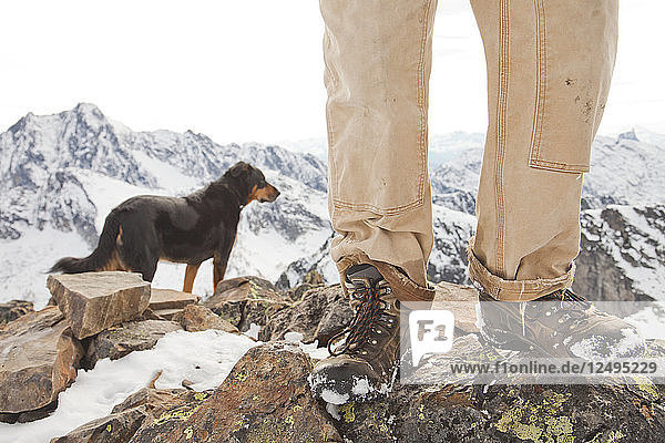 A dog and the legs and boots of hiker on the summit of Frosty Mountain  British Columbia  Canada.