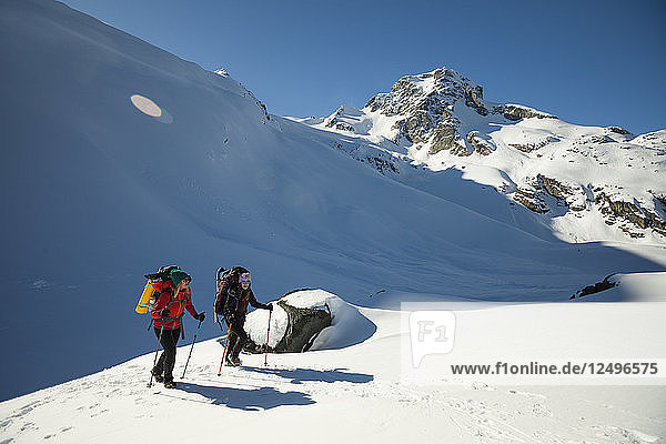 Two active female backpackers hiking below Joffre Peak  British Columbia  Canada.