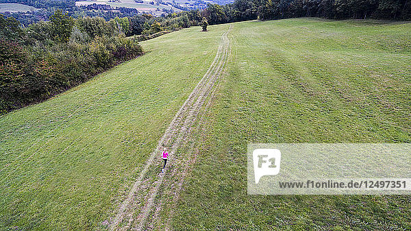 Luftaufnahme einer Frau  die über die Hügel in der Nähe von Eloise in Frankreich läuft  mit Wäldern im Hintergrund und einer großen Grasfläche