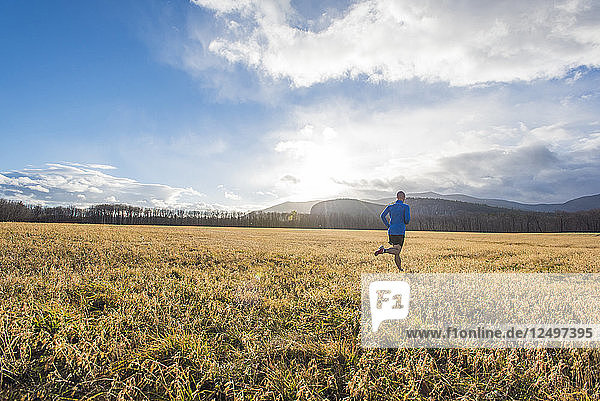 Runner in a blue shirt in a field with mountains in the background