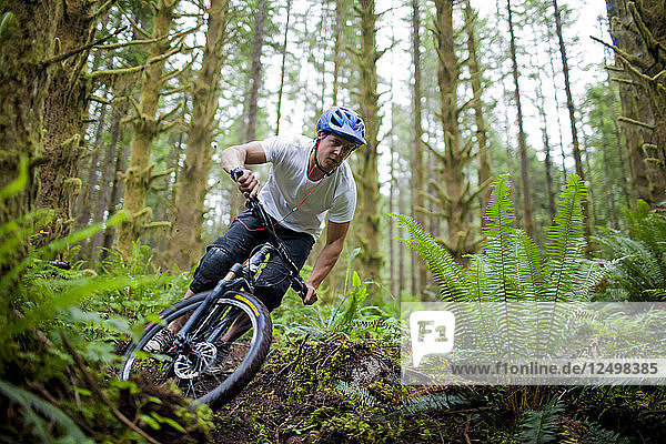A mountain biker navigates a sharp corner at high speed on a trail that winds through lush forest near Vancouver  Canada.
