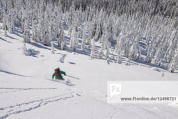 Männlicher Skifahrer macht eine Kurve im frischen Pulverschnee beim Skifahren in der Whitefish Range