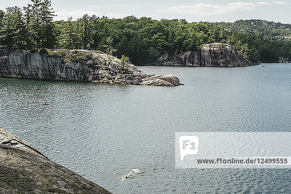 Junge Frau schwimmt an einem schönen Sommertag über den George Lake zurück