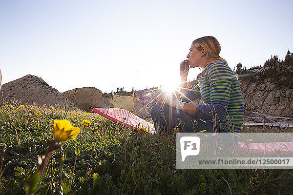 Eine Frau spielt am Fuße des Lone Peak  Utah  auf ihrer Hermonika