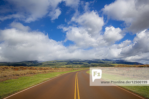 Ein leerer Straßenabschnitt auf einer Landstraße durch Zuckerrohrfelder auf der Insel Maui in der Nähe von Kaanapali.